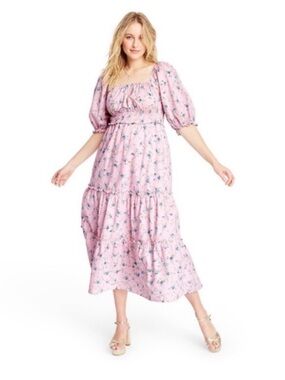 RARE! LoveShackFancy x Target Pink Floral Tiered Maxi Dress with Puff Sleeves